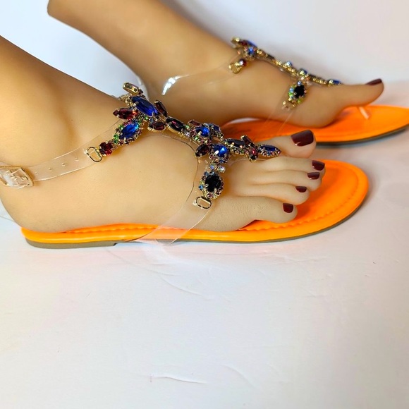 Bella Luna Bright & Colorful Rhinestone Thong Toe Slip On Orange Flats - Picture 6 of 7